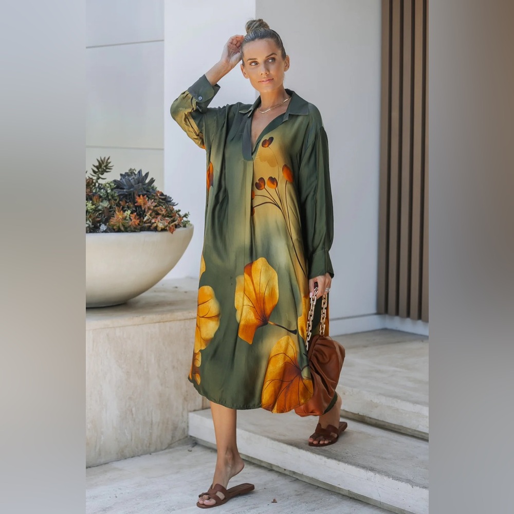 NWT Lavender J Green Floral Shirt Dress – Flowy Midi Kaftan Style, Relaxed Fit